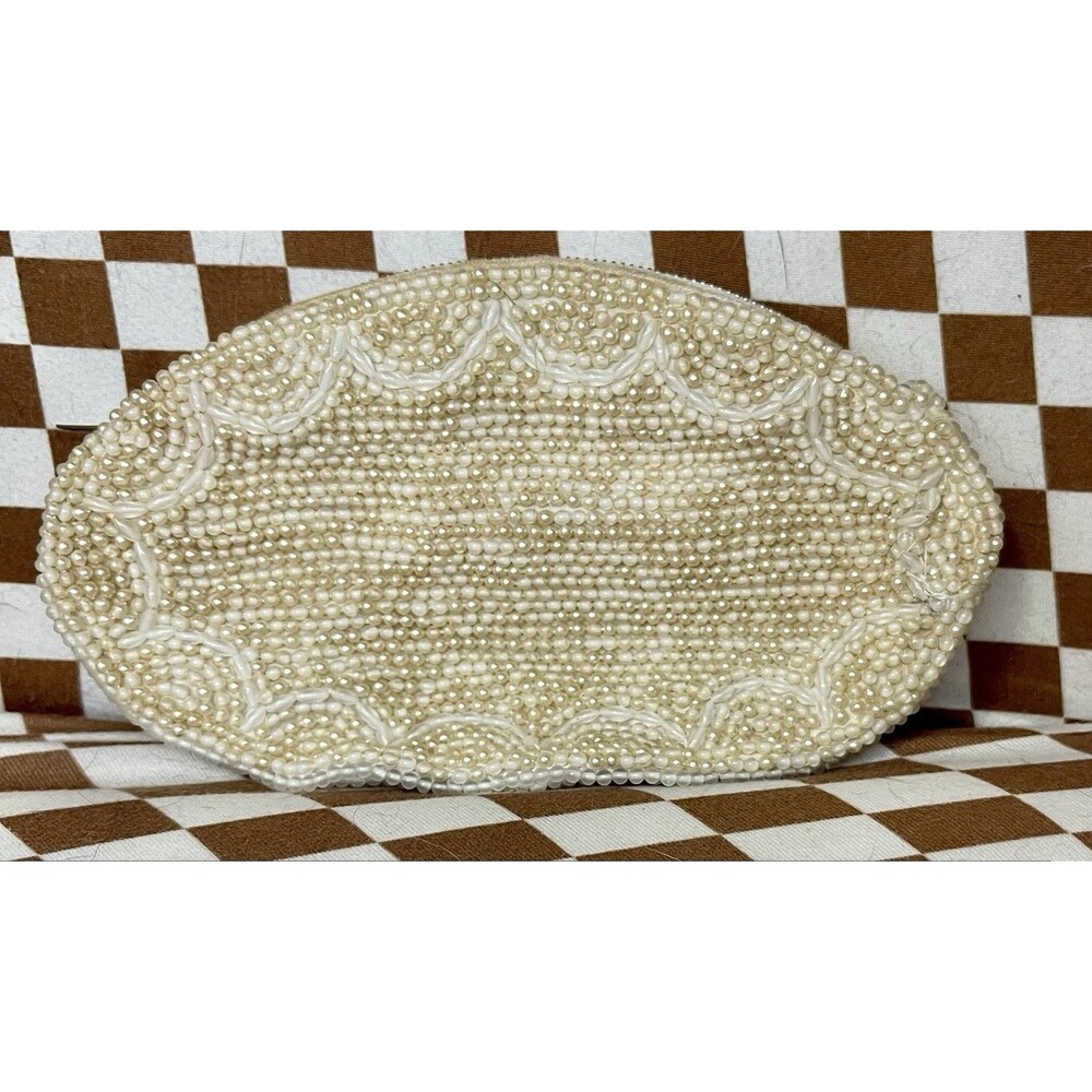 Vintage 1950's Reina Oval Pearl Beaded Evening Bag 7" with Zipper Closure